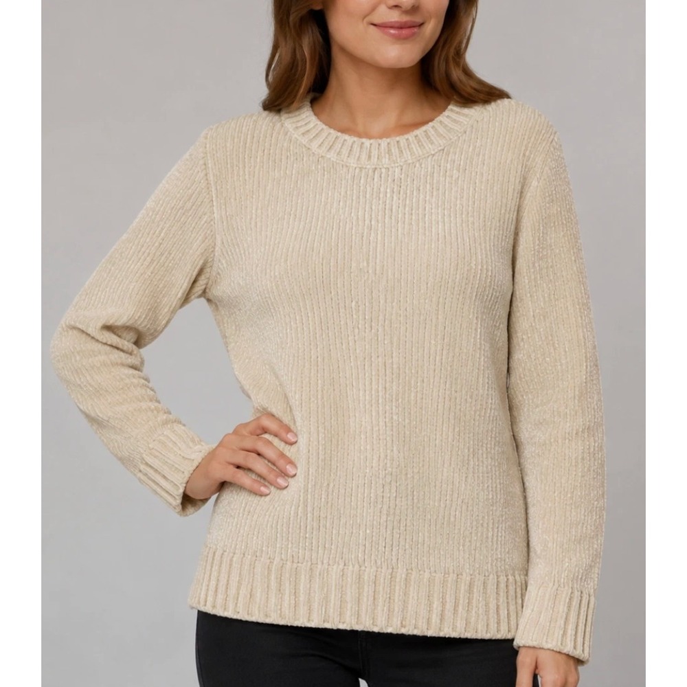 Orvis Classic Collection Cream Ribbed Chenille Crewneck Sweater S EUC